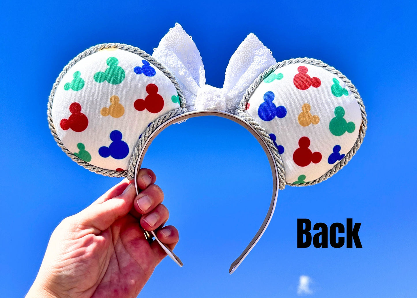 Spring Colorful Mickey Head Disney Ears with White Sequin Bow - Perfect Handmade Accessory for your Disney Vacation