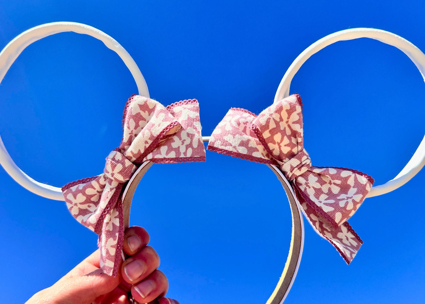 Pink White Floral Wire Disney Mouse Ears, Faux Leather Mickey Ears, Flower and Garden Festival Epcot Ears, Disneyland Headband, Unique Cute