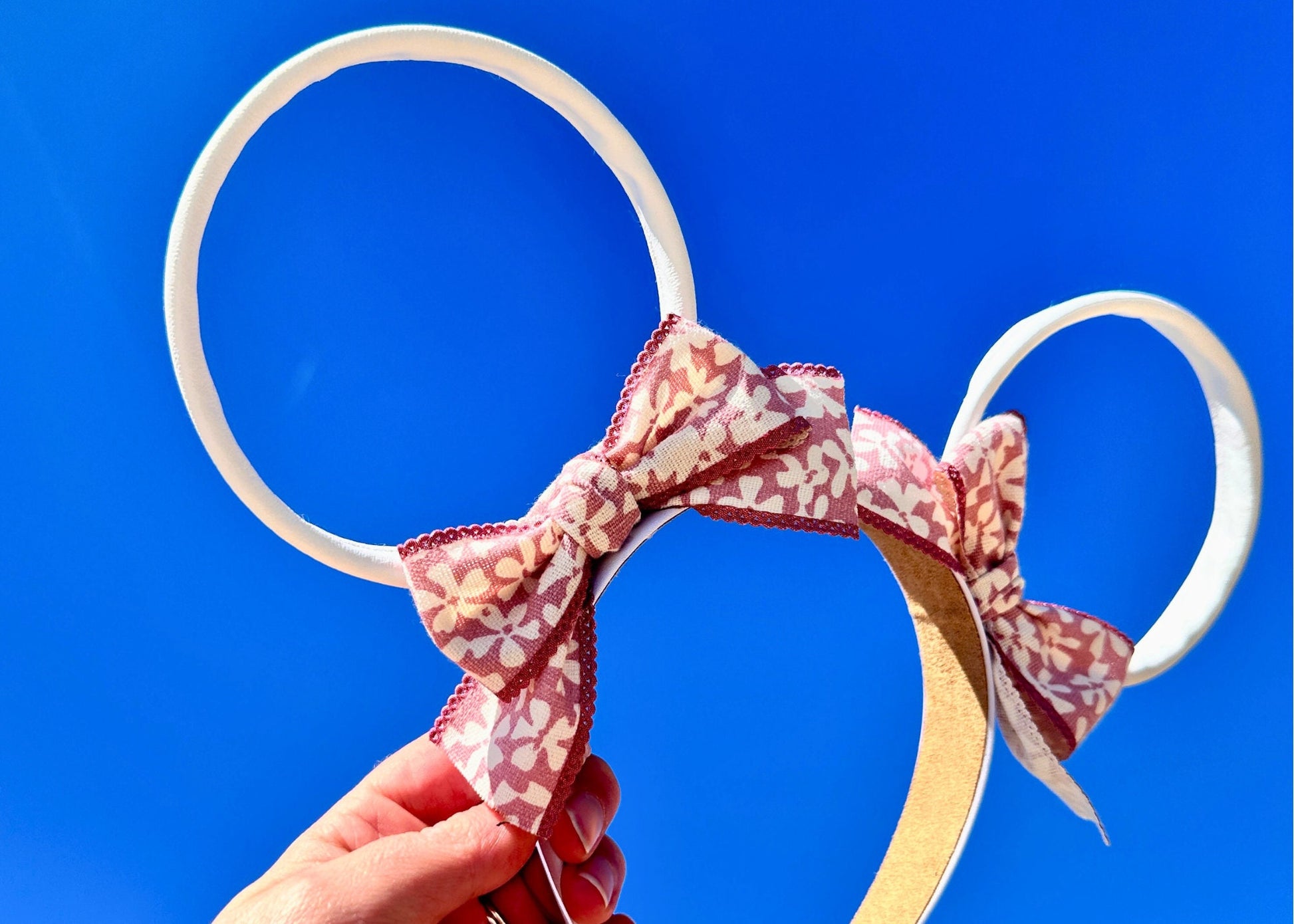 Pink White Floral Wire Disney Mouse Ears, Faux Leather Mickey Ears, Flower and Garden Festival Epcot Ears, Disneyland Headband, Unique Cute