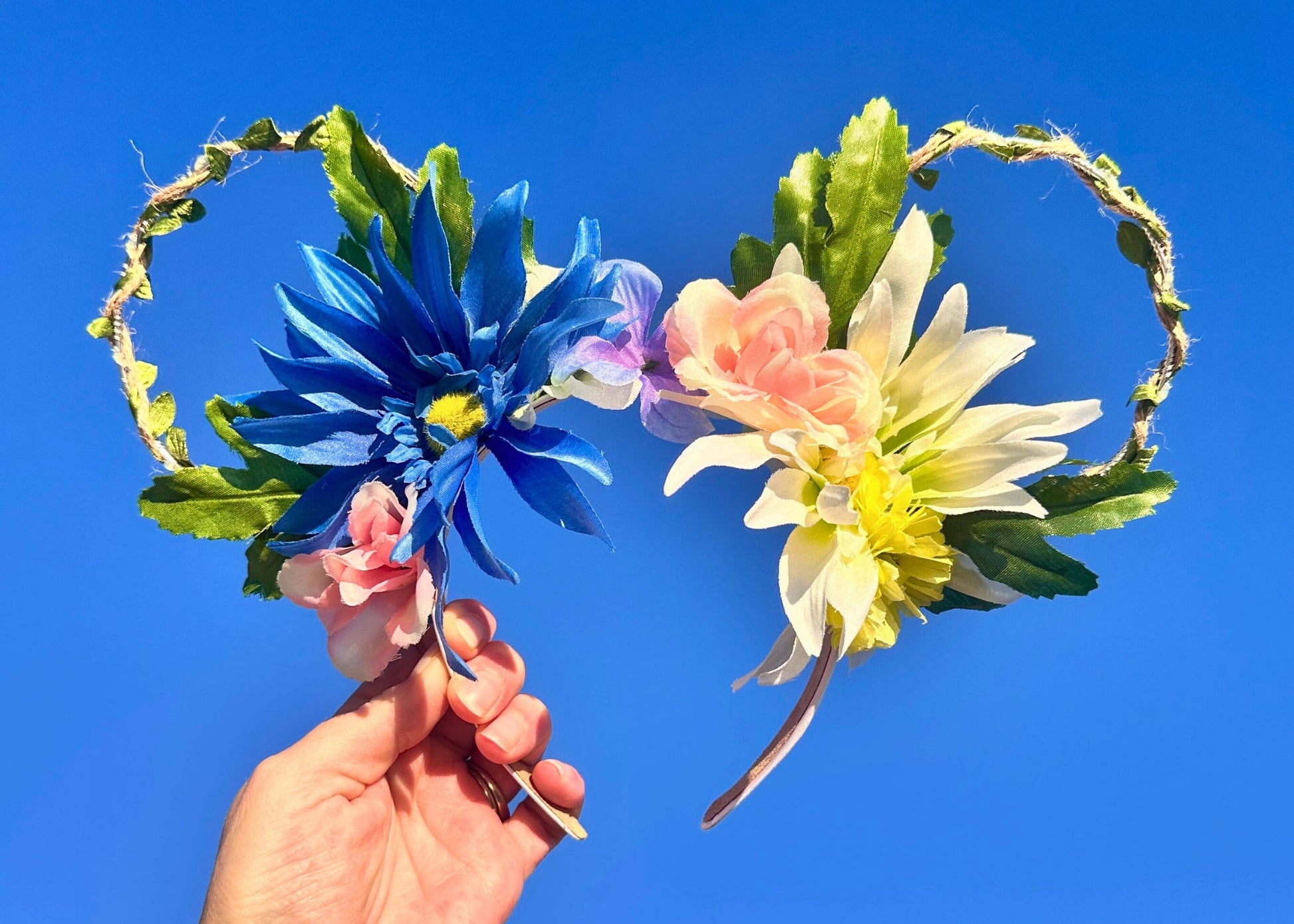 Handcrafted Blue White Floral Wire Disney Ears Spring Headband