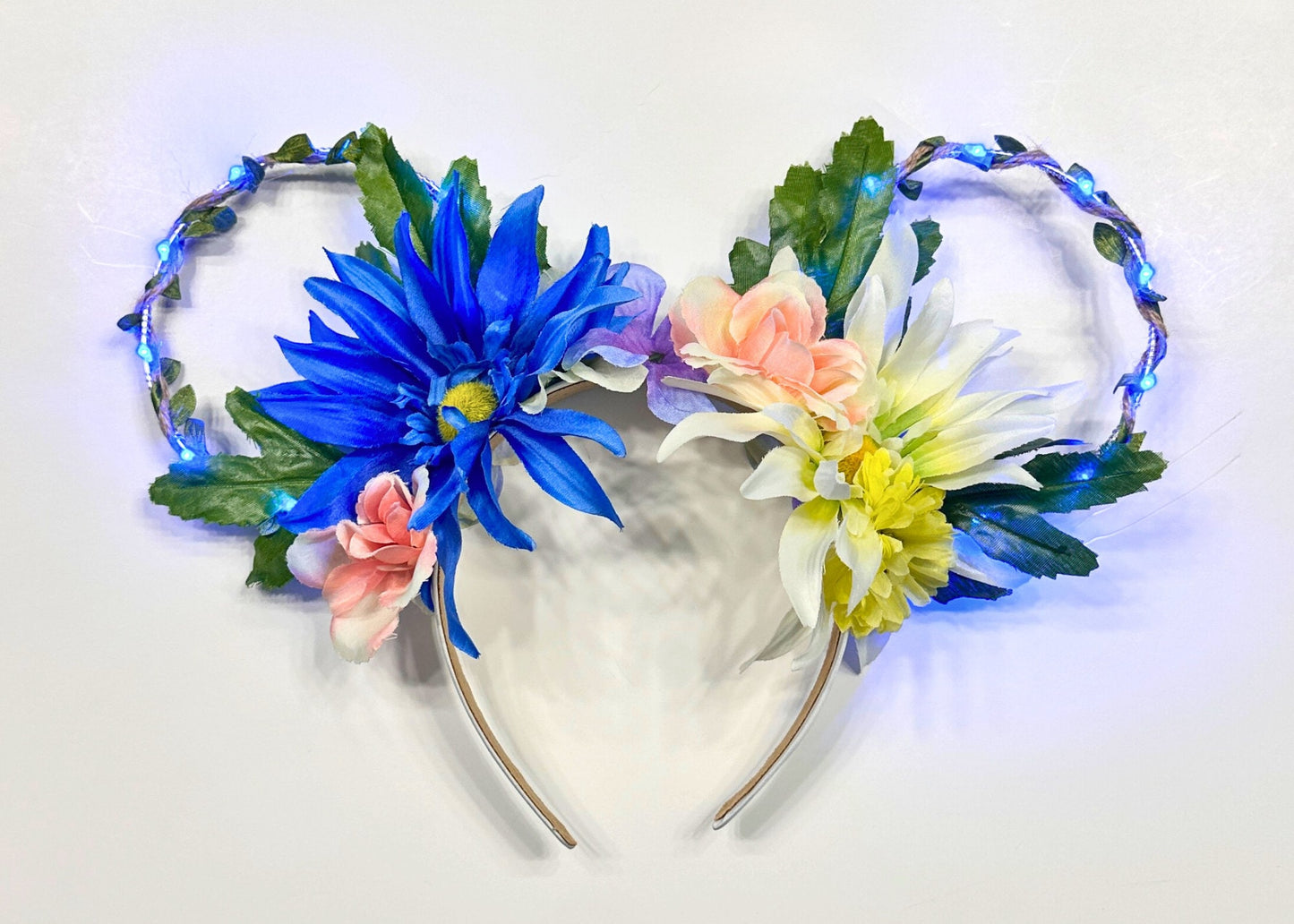 Handcrafted Blue White Floral Wire Disney Ears Spring Headband