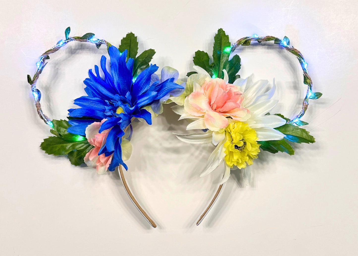 Handcrafted Blue White Floral Wire Disney Ears Spring Headband