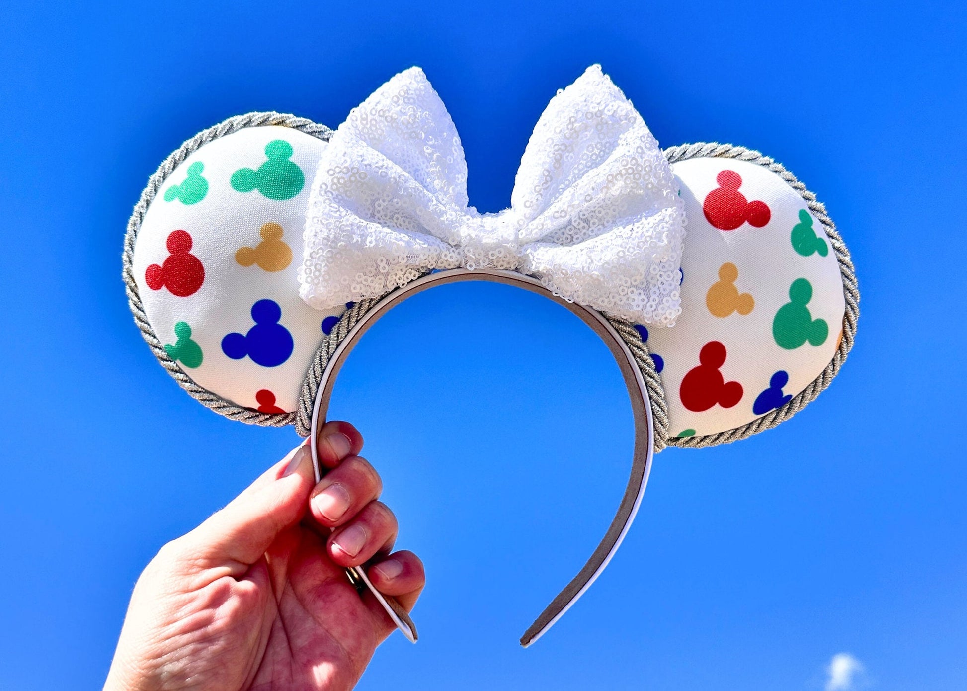 Spring Colorful Mickey Head Disney Ears with White Sequin Bow - Perfect Handmade Accessory for your Disney Vacation