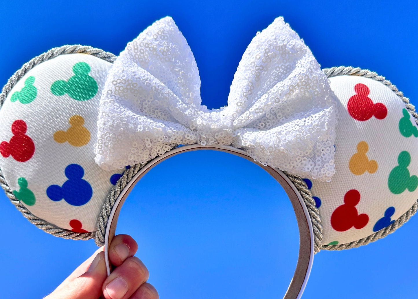 Spring Colorful Mickey Head Disney Ears with White Sequin Bow - Perfect Handmade Accessory for your Disney Vacation