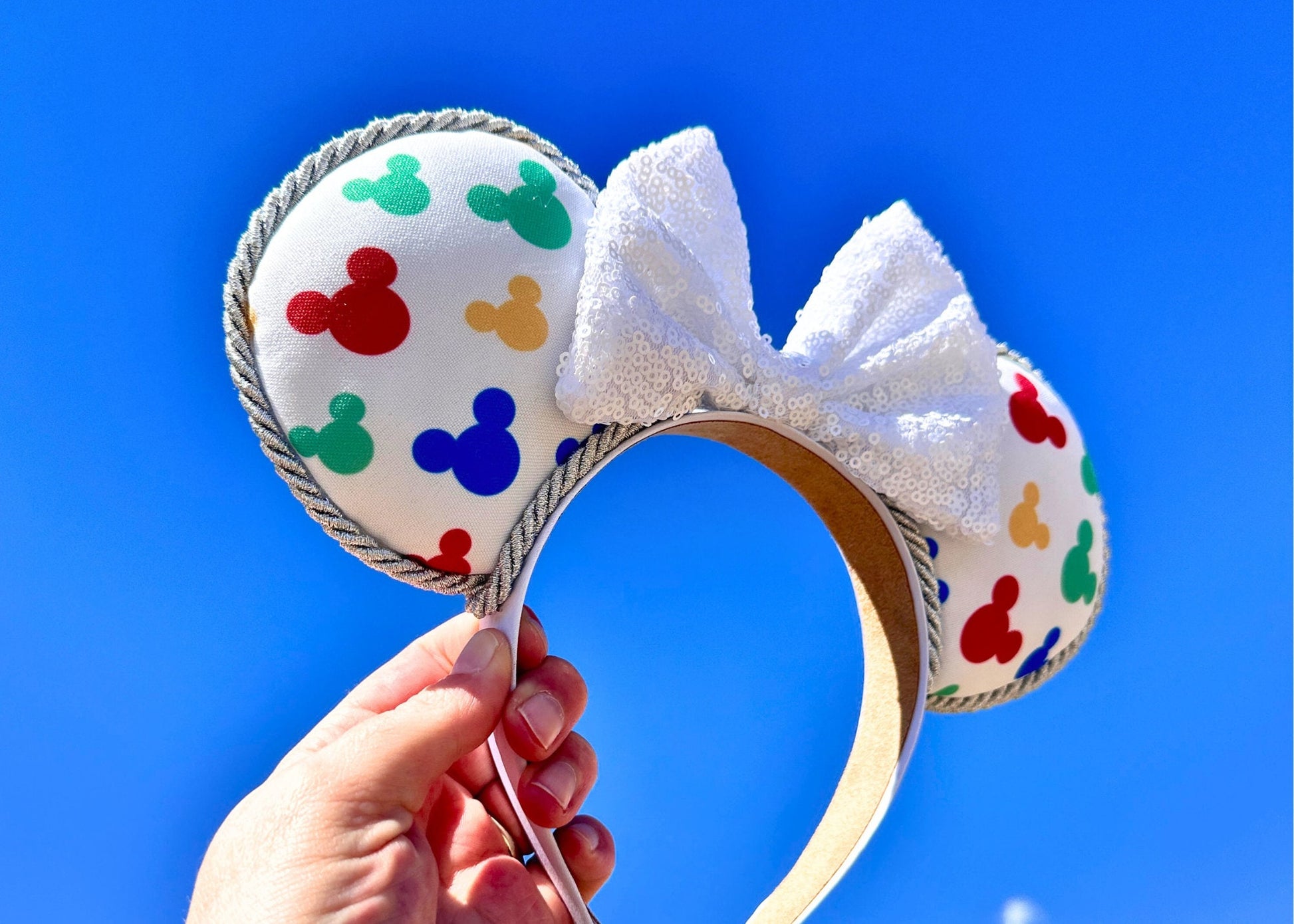 Spring Colorful Mickey Head Disney Ears with White Sequin Bow - Perfect Handmade Accessory for your Disney Vacation